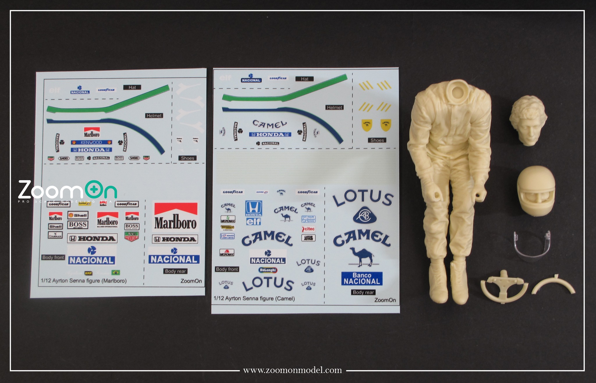 ZoomOn 1/12 A.セナ ドライビングフィギュア 頭部差し替え デカール2タイプ ロータス キャメル　ZF008_12C