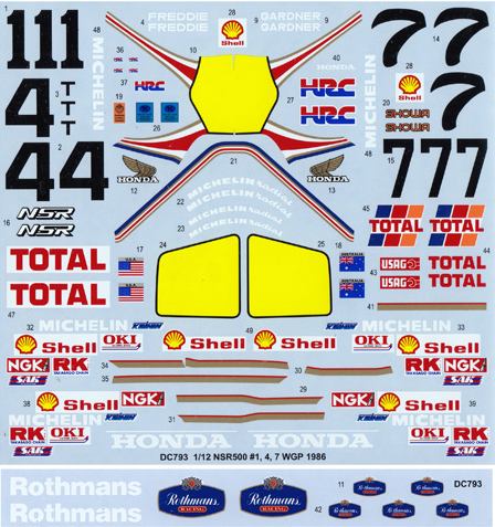 スタジオ27 1/12 ホンダ NSR 500 WGP 1986 ロスマンズ No.1/4/7 フルスポンサーデカール (タミヤ対応)　DC793