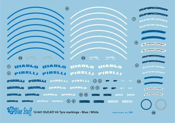 ブルースタッフ 1/12 ドゥカティ スーパーレッジェーラ V4 タイヤメーキングデカール ブルー、ホワイト タミヤ対応　12-041