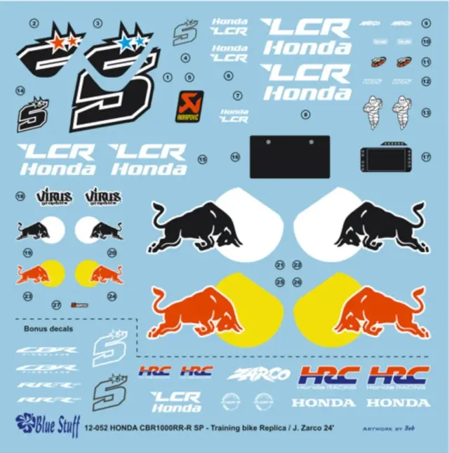 ブルースタッフ 1/12 ホンダ CBR1000RR-R SP トレーニングレプリカバイク 2024 J.ザルコ フルデカール タミヤ対応　12-052