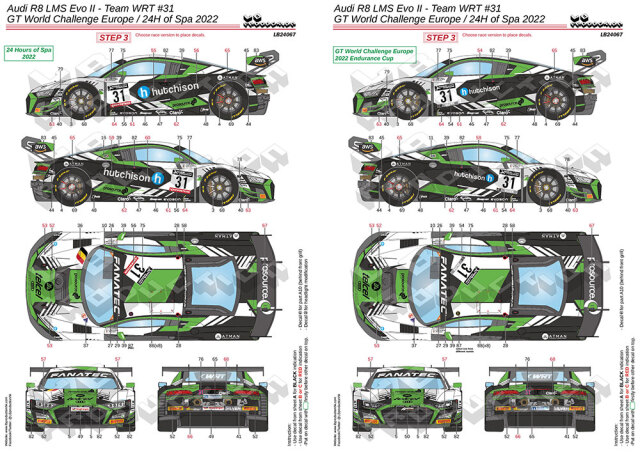 LBプロダクション 1/24 アウディ R8 LMS Evo.2 スパ 24h 2022 No.31 フルデカール nunu対応　LB24067