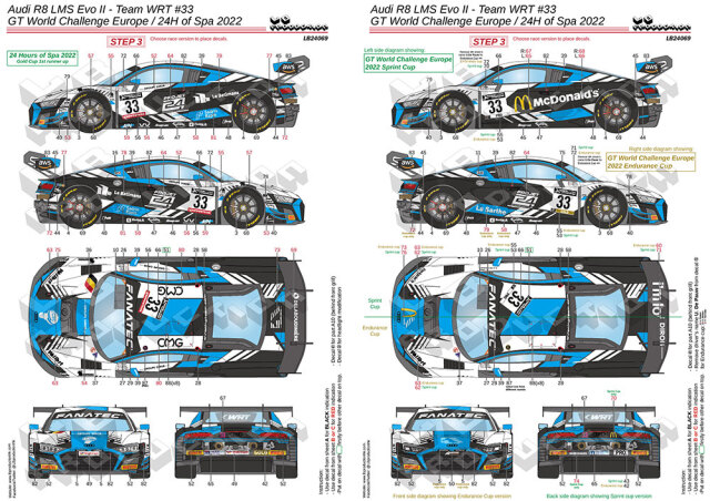 [メーカー完売]　LBプロダクション 1/24 アウディ R8 LMS Evo.2 スパ 24h 2022 No.33 フルデカール nunu対応　LB24069