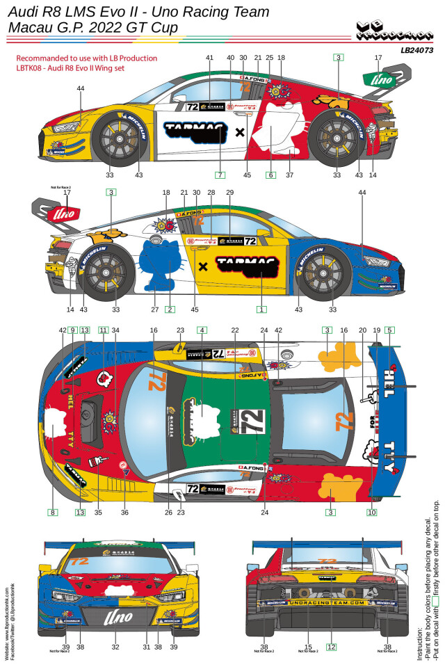 LBプロダクション 1/24 アウディ R8 LMS Evo.2 マカオGP GTカップ 2022 フルデカール nunu対応　LB24073