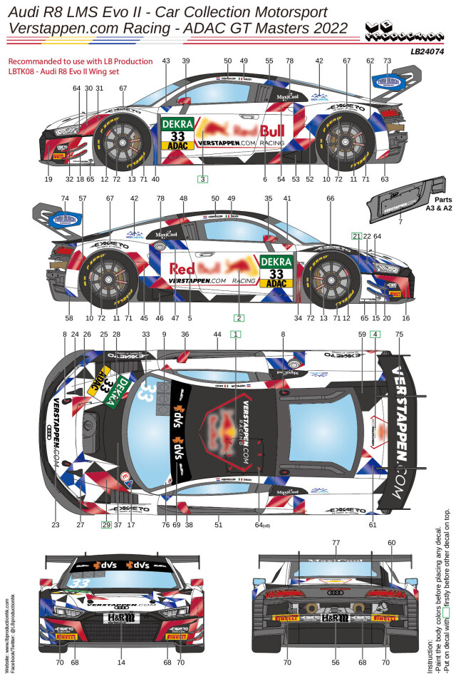 LBプロダクション 1/24 アウディ R8 LMS Evo.2 ADAC GTマスター 2022 フルデカール nunu対応　LB24074