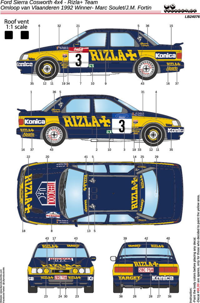 LBプロダクション 1/24 フォード　シエラ コスワース 4×4 RIZLA+ Omloop van Vlaanderen 1992 No.3 ウィナー フルデカール Dモデルキッツ対応　LB24076