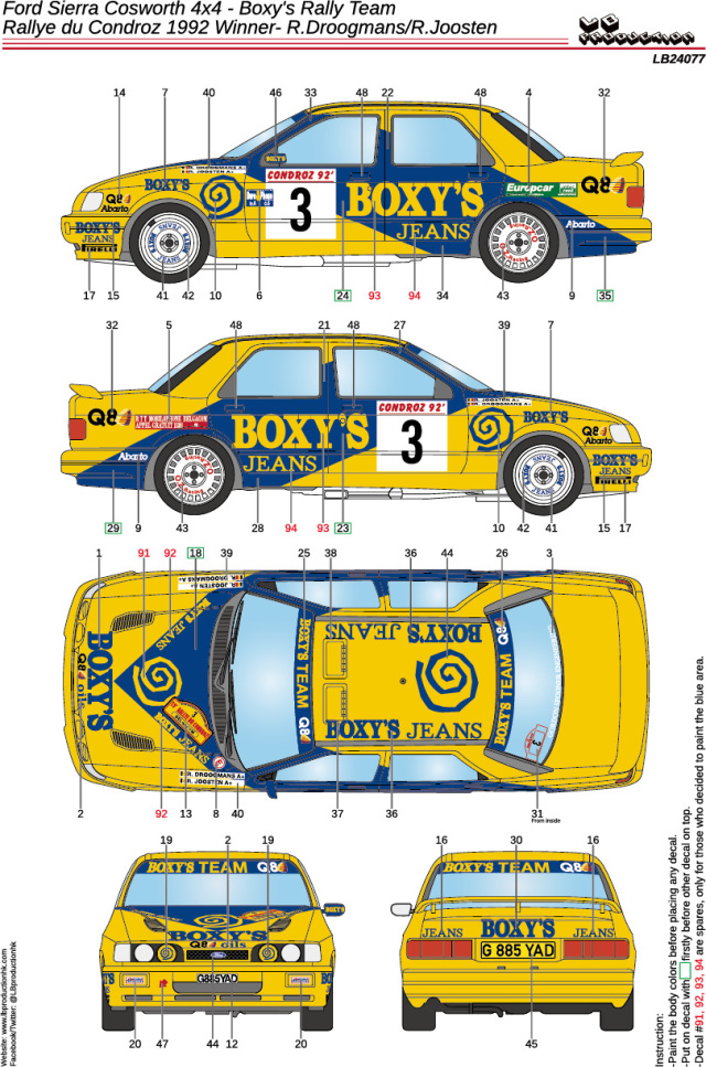 LBプロダクション 1/24 フォード　シエラ コスワース 4×4 Boxy's フランス コンドルズ ラリー 1992 No.3 ウィナー フルデカール Dモデルキッツ対応　LB24077
