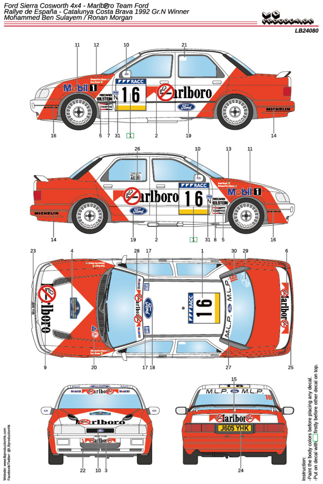 LBプロダクション 1/24 フォード　シエラ コスワース 4×4 マルボロ カタルニア ラリー Gr.N 1992 No.16 ウィナー フルデカール Dモデルキッツ対応　LB24080