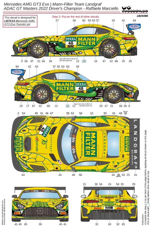 LBプロダクション 1/24 メルセデス AMG GT3 Evo. ADAC GTマスタース 2022 ドライバーズチャンピオン フルデカール タミヤ対応　LB24086