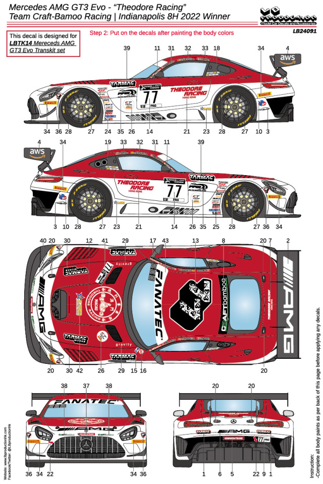 LBプロダクション 1/24 メルセデス AMG GT3 Evo. インディアナポリス 8h 2022 No.77 フルスポンサーデカール タミヤ対応 　LB24091