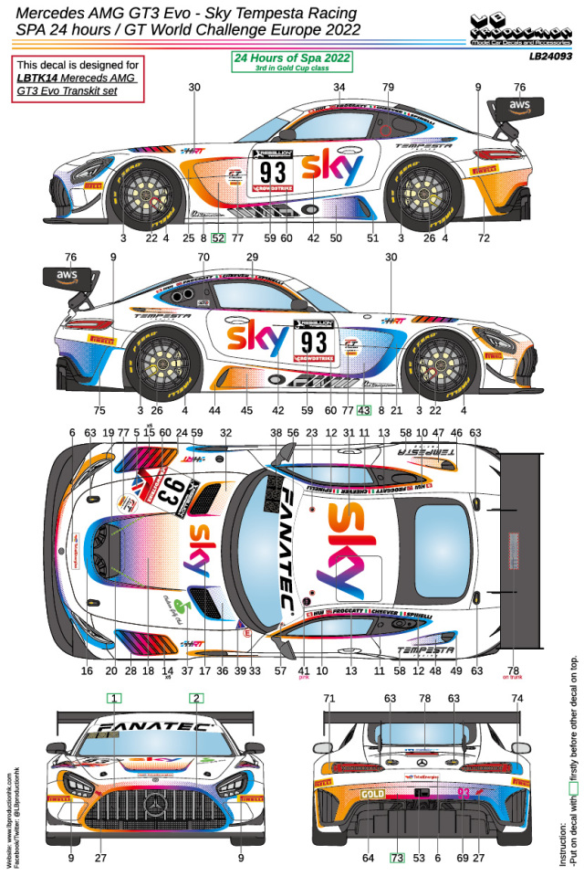 LBプロダクション 1/24 メルセデス AMG GT3 Evo. シームスパー 24h 2022 No.93 / GTワールドチャンレジ ヨーロッパ 2022 No.93 フルスポンサーデカール タミヤ対応　LB24093