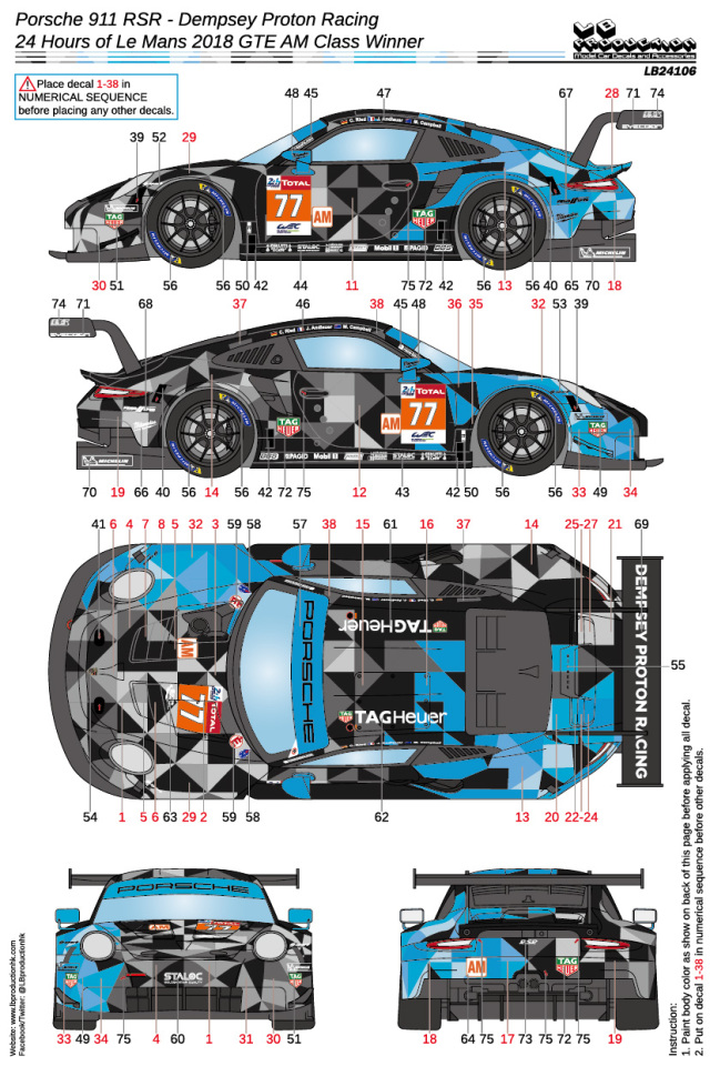 LBプロダクション 1/24 ポルシェ 911 RSR GT3 ルマン 2018 No.77 クラスウィナー フルデカール nunu対応　LB24106