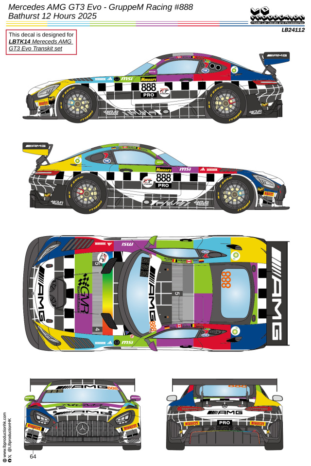 LBプロダクション 1/24 メルセデス AMG GT3 Evo グループ エムレーシング バサースト 12h 2025 No.888 フルデカール タミヤ対応　LB24112