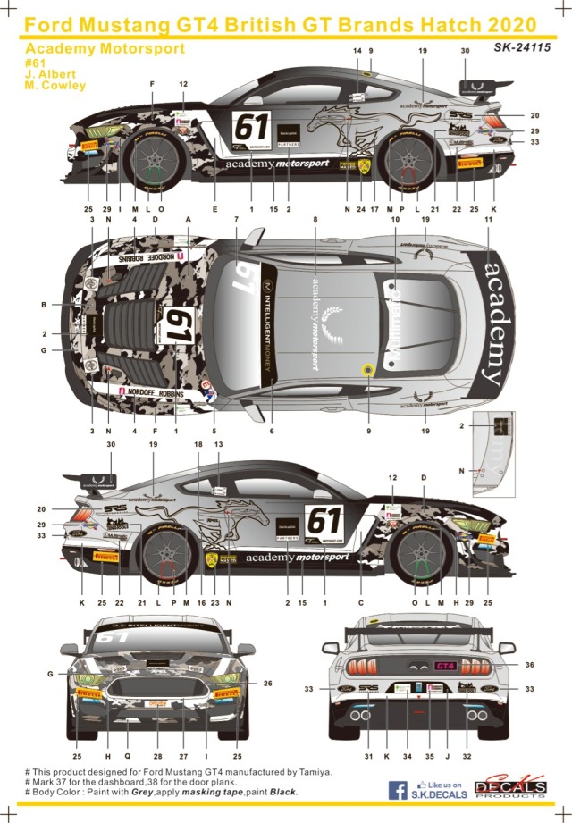[メーカー完売]　SK Decal 1/24 フォード マスタング GT4 ブランズハッチ 2020 No.61 フルスポンサーデカール (タミヤ対応)　SK24115