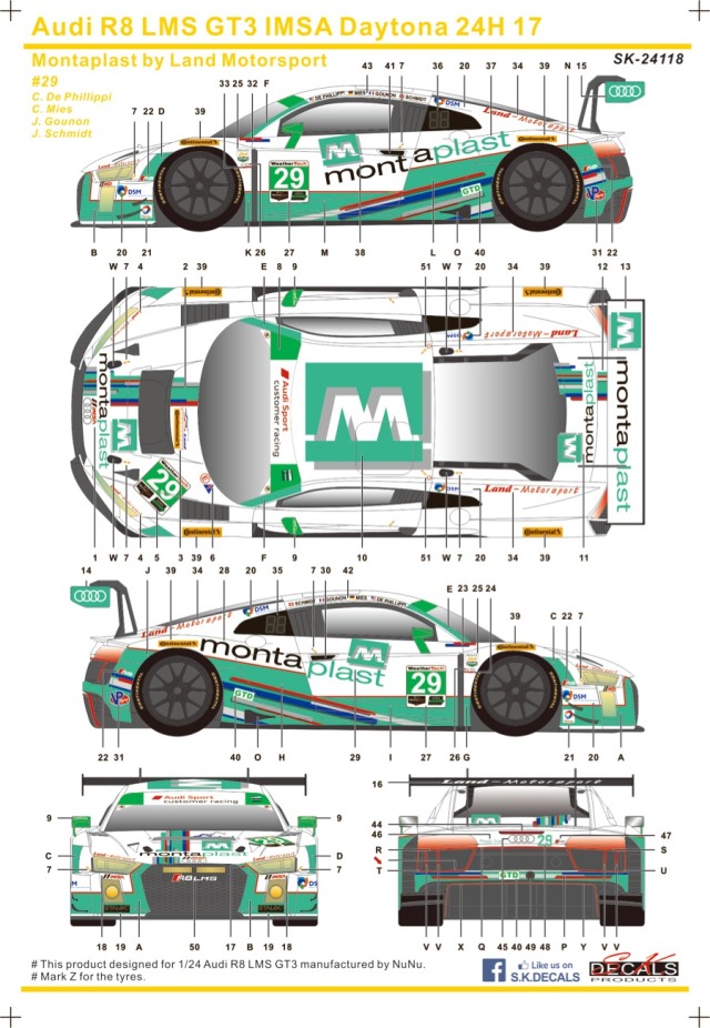 SK Decal 1/24 アウディ R8 LMS GT3 デイトナ 24h 2017 No.29 フルスポンサーデカール (プラッツ/nunu対応)　SK24118