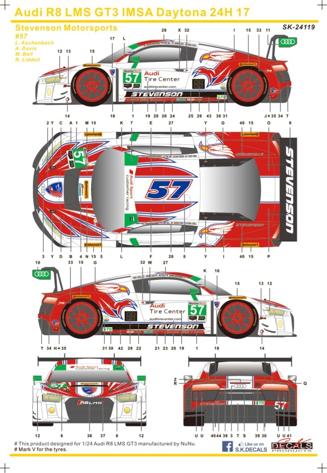SK Decal 1/24 アウディ R8 LMS GT3 デイトナ 24h 2017 No.57 フルスポンサーデカール (プラッツ/nunu対応)　SK24119