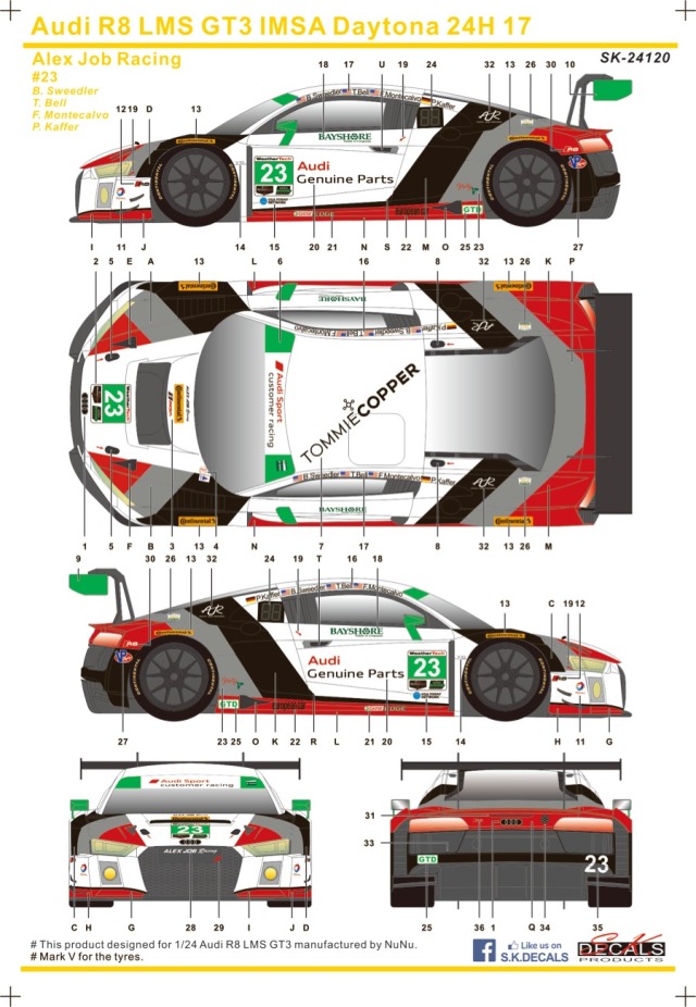 SK Decal 1/24 アウディ R8 LMS GT3 デイトナ 24h 2017 No.23 フルスポンサーデカール (プラッツ/nunu対応)　SK24120