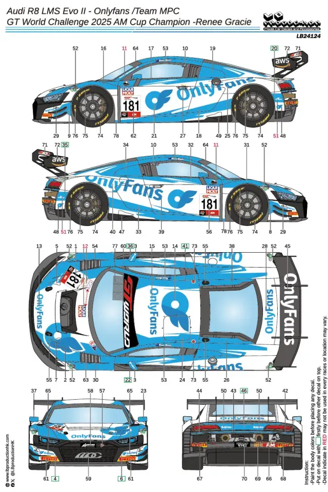 LBプロダクション 1/24 アウディ R8LMS Evo.2 "OnlyFans" ワールドチャレンジ 2025 Amカップ チャンピオン No.181 フルデカール nunu対応　LB24124