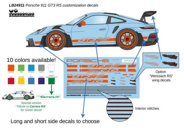 LBプロダクション 1/24 ポルシェ 911 GT3 RS カスタムデカール 全11色から1色選択　LB24911