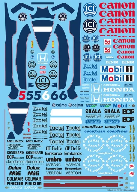 Vector 1 Decals (ベクター ワン デカール) 1/20 ウィリアムズ FW11 1986 & FW11B 1987 フルスポンサーデカール カルトグラフ リメイク版 (タミヤ対応) D20-008