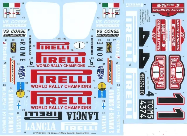 スタジオ27 1/12 ランチア ストラトス "ピレリ" モンテカルロ No.1 / サンレモ No.4 1978 フルデカール イタレリ対応　DC1260