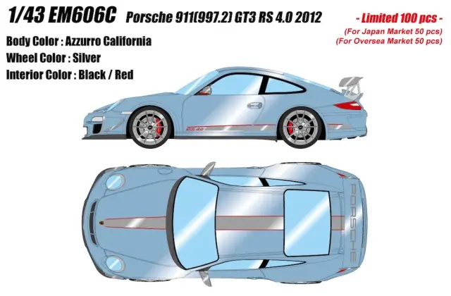[予約] アイドロン 1/43 ポルシェ 911(997.2) GT3 RS4.0 2012 アズーロカルフォルニ EM606C