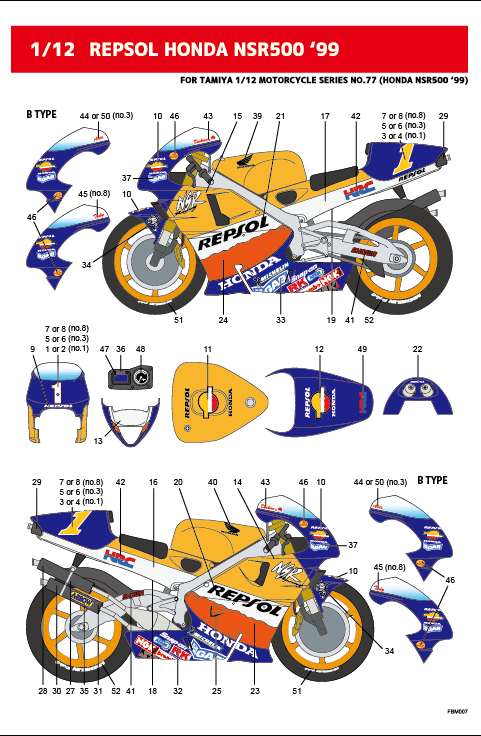 オートカラー 1/12 レプソル ホンダ NSR500 WGP 1999 フルデカール エッチング付き (タミヤ対応)　FBM007