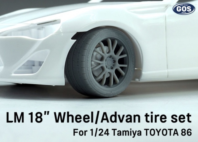 GOS 1/24 3Dプリント 18インチ タイヤ一体型 LMホイールセット トヨタ 86 ZN6 タミヤ対応 MFゴースト ナンバープレート/86ロゴデカール付き　GOS-K002