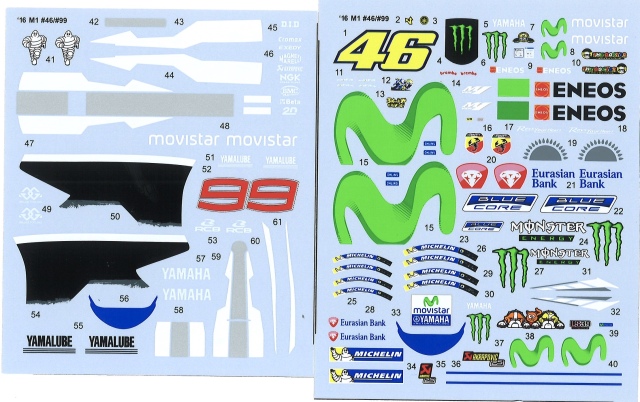 KSワークショップ 1/12 ヤマハ YZR-M1 モビスター モトGP 2016 No.46 No.99 シルクスクリーンデカール　KWD-16YZRR