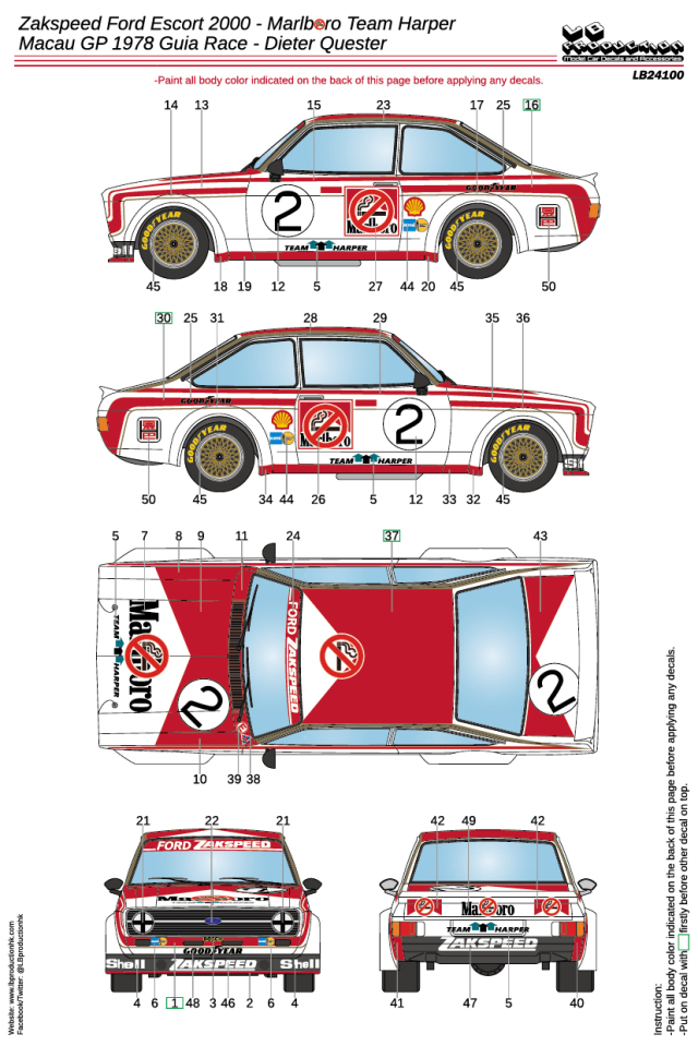 [予約] LBプロダクション 1/24 ザクスピード フォード エスコート 2000 マカオ ギアレース 1978 No.2 フルデカール　LB24100