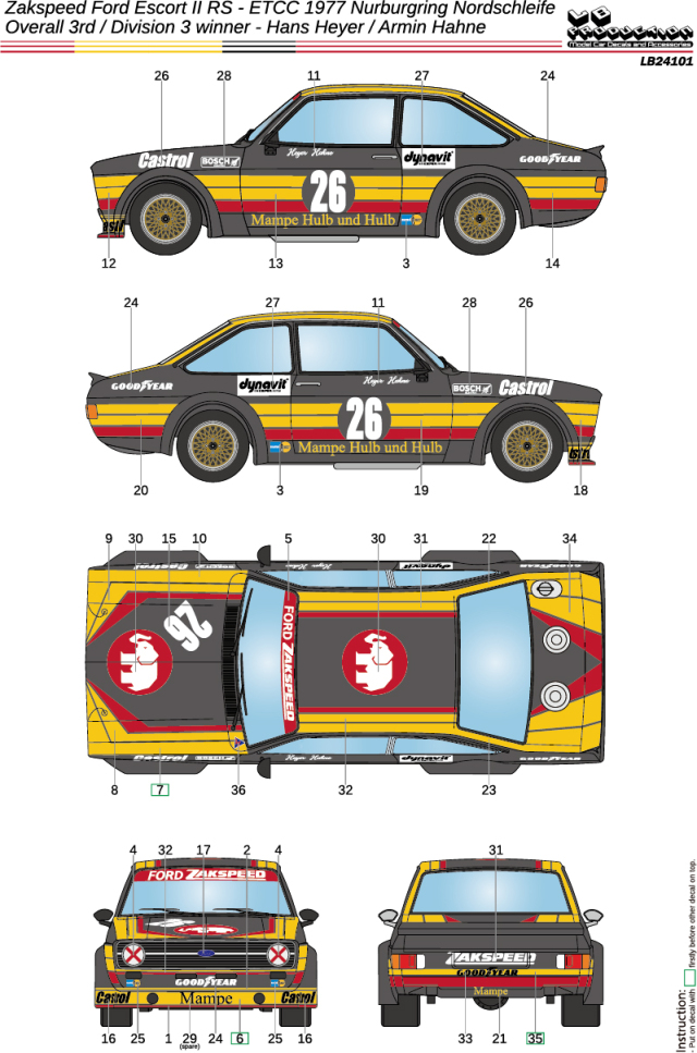 LBプロダクション 1/24 ザクスピード フォード エスコート2 RS ETCC ニュル 1977 No.26 フルデカール　LB24101