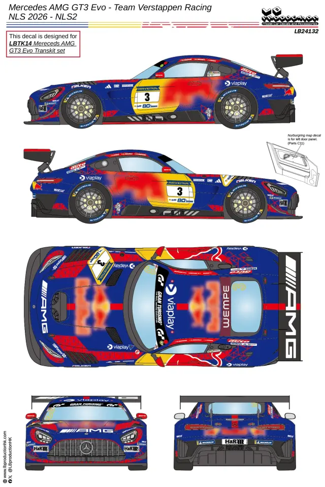 [予約] LBプロダクション 1/24 メルセデス AMG GT3 Evo "レッドブル" ニュルブルクリンク耐久シリーズ 第2戦 2026 No.3 M.フェルスタッペン フルデカール タミヤ対応　LB24132