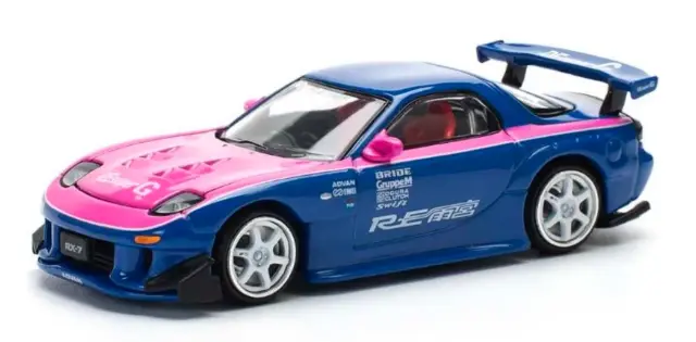 [予約] POPレース 1/64 マツダ RX-7 Re雨宮 ブルー/ピンク ボンネット開閉　PR640240