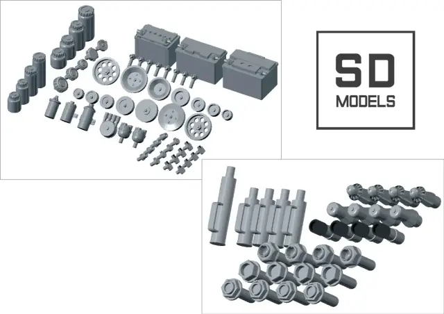 SD MODELS 1/24 3Dプリントパーツ レーシングパーツ　セットC  エンジン部品／バッテリ／水タンク／ホイールナット／エアジャッキ　SD-X04