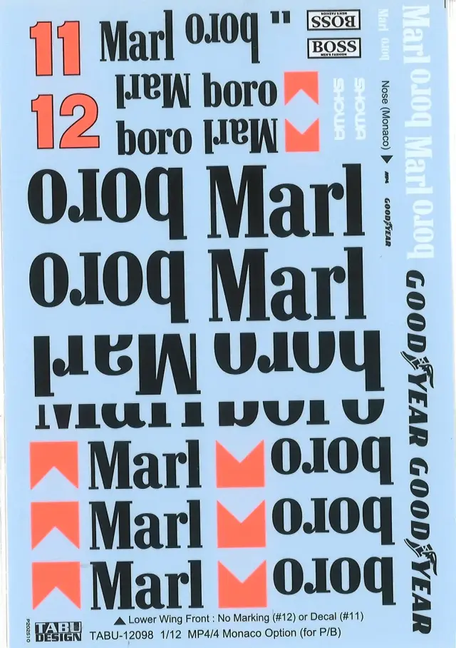 タブデザイン 1/12 マクラーレン MP4/4 マルボロ タバコ & オプションロゴ セット デカール プラッツ/beemax対応　　TABU-12098