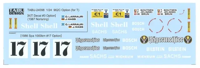 タブデザイン 1/24 ポルシェ 962C イェーガーマイスター 1987 オプションデカール タミヤ対応　TABU-24098