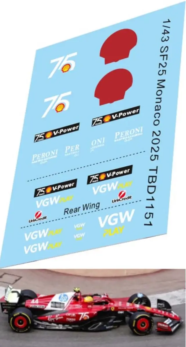 TBデカール 1/43 フェラーリ SF-25 モナコGP オプションデカール　TBD1151