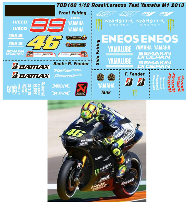 TBデカール 1/12 ヤマハ YZR-M1 モトGP  2013 テスト V.ロッシ/J.ロレンソ フルデカール(フィギュアデカールは含まれません)　TBD168
