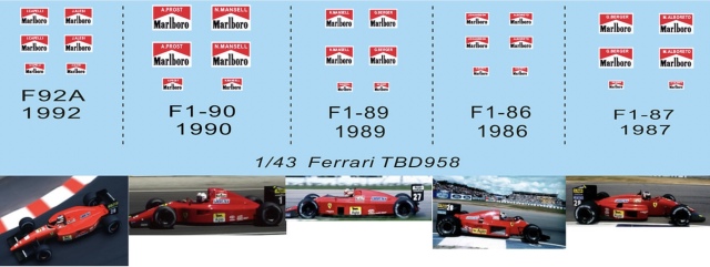 TBデカール 1/43 フェラーリ F186 F187 F189 640 F190 641/2 F92 各ドライバー マルボロデカール　TBD958