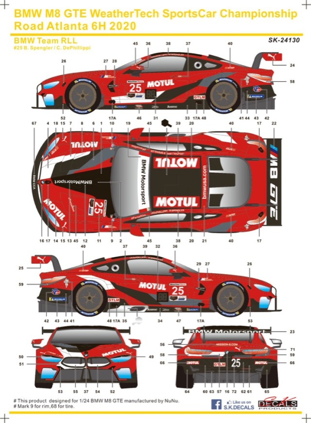 SK Decal 1/24 BMW M8 GTE ロード アトランタ 6h 2020 No.25 フルスポンサーデカール SK24130