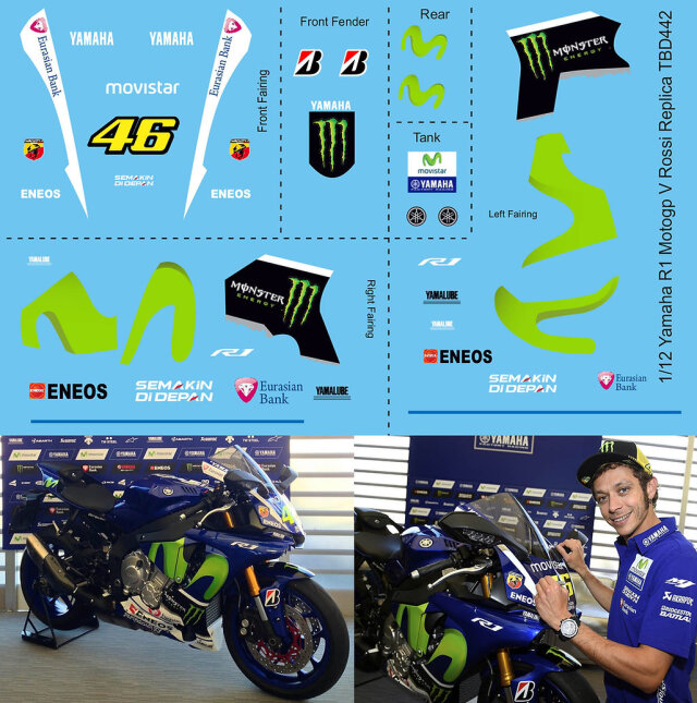 TBデカール 1/12 ヤマハ YZF-R1M モビスター V.ロッシ レプリカ フルデカール　TBD442