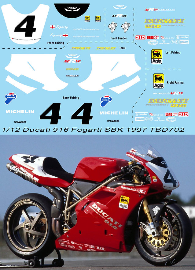 TBデカール 1/12 ドゥカティ 916 SBK スーパーバイク 1997 C.フォガティ フルデカール　TBD702