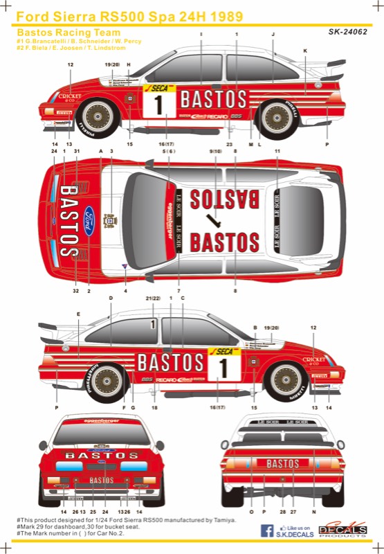 SK Decal 1/24 フォード シエラ RS500 バストス スパ 24h 1989 No.1 フルスポンサーデカール (タミヤ対応)　SK24062