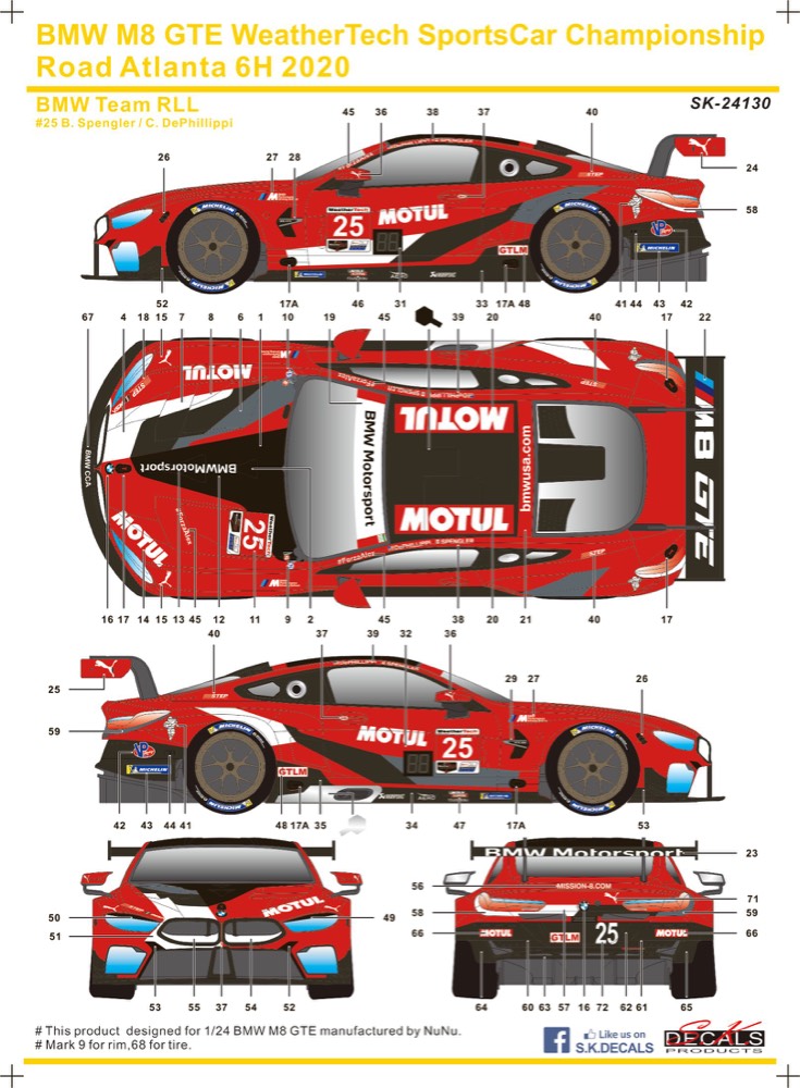 SK Decal 1/24 BMW M8 GTE ロード アトランタ 6h 2020 No.25 フルスポンサーデカール SK24130