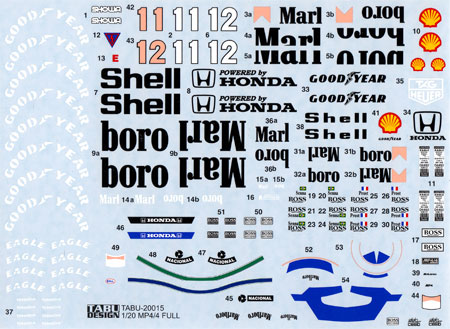 タブデザイン 1/20 マクラーレン MP4/4 フルスポンサーデカール (タミヤ対応)　TABU-20015B