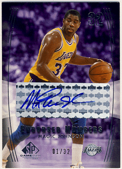 Magic Johnson NBA 04-05 UD SP Game Used Endorsed Numbers Signatures Auto 01/32