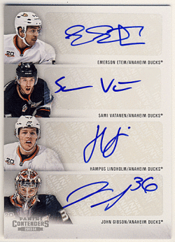 Emerson Etem / Sami Vatanen / Hampus Linoholm / John Gibson NHL 13-14 Panini Contenders Quad Signature Auto