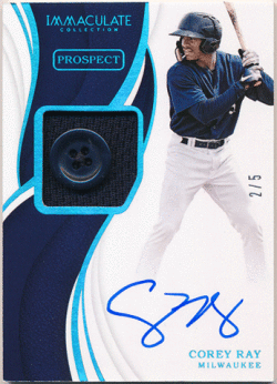 Corey Ray 2019 Panini Immaculate Collection Prospect Blue Button Auto 2/5