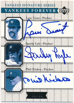 Phil Niekro / Sparky Lyle / Luis Tiant MLB 2003 Upper Deck Yankees Signature Series Yankees Forever Triple Auto 43/50