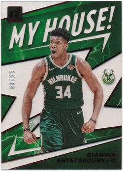 Giannis Antetokounmpo NBA 2019-20 Panini Clearly Donruss My House! Red Parallel 16/49