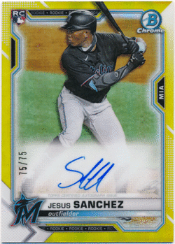 Jesus Sanchez MLB 2021 Bowman Chrome 1st Bowman Yellow Refractor Signature Auto 75/75